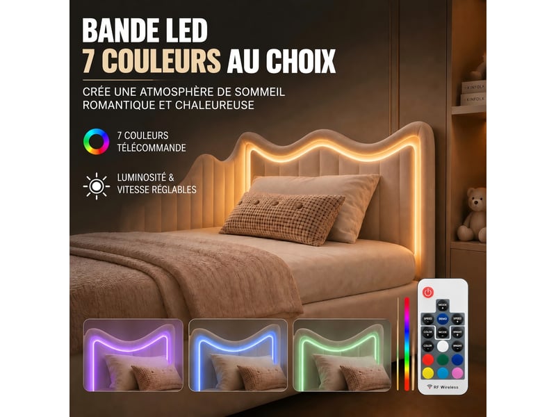  Lit simple canapé-lit banquette coffre 90x200 led velours teddy blanc kefsr avec sommier à lattes et vérins - lit d'appoint moderne  - Conforama D