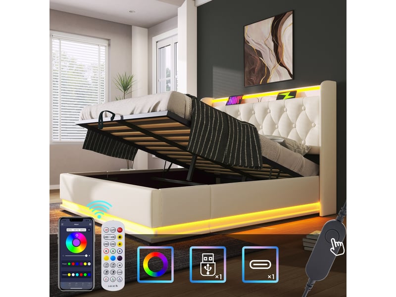  Lit coffre 160x200 cm, rangement hydraulique, éclairage led, usb et usb-c, tête de lit avec rangement pour chambre - blanc  - Conforama D