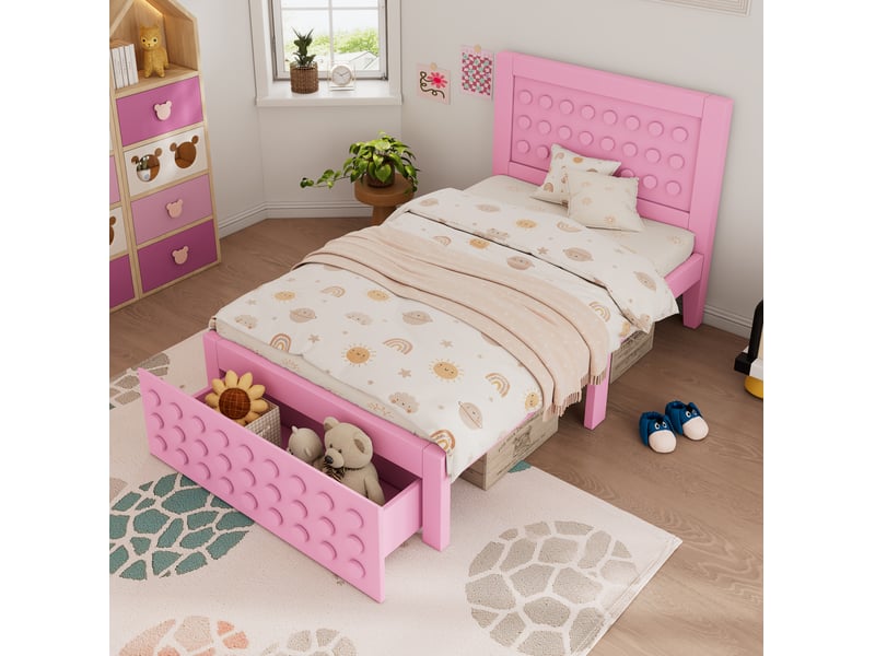 Lit enfant 90x200 cm avec tiroir et sommier à lattes coloris rose  - Conforama B