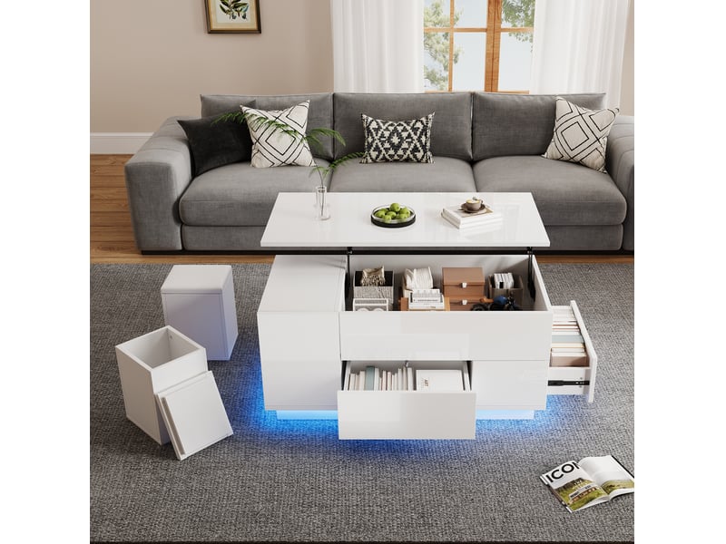  Table basse relevable 100 x 50 cm avec led, 2 tiroirs et 2 tabourets, blanche  - Conforama E