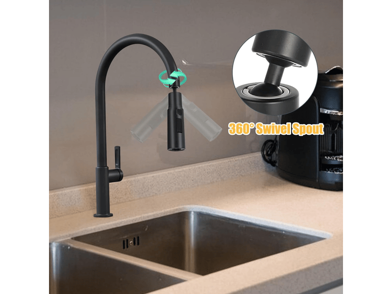  Robinet d'évier de cuisine, rotation à 360 degrés, 3 modes, avec aérateur (noir)  - Conforama E