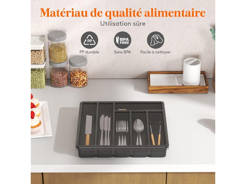 Range couverts pour tiroir avec couvercle, boîte de rangement couverts de cuisine, organisateur de couverts en plastique 6 compartiments, noir - Conforama D