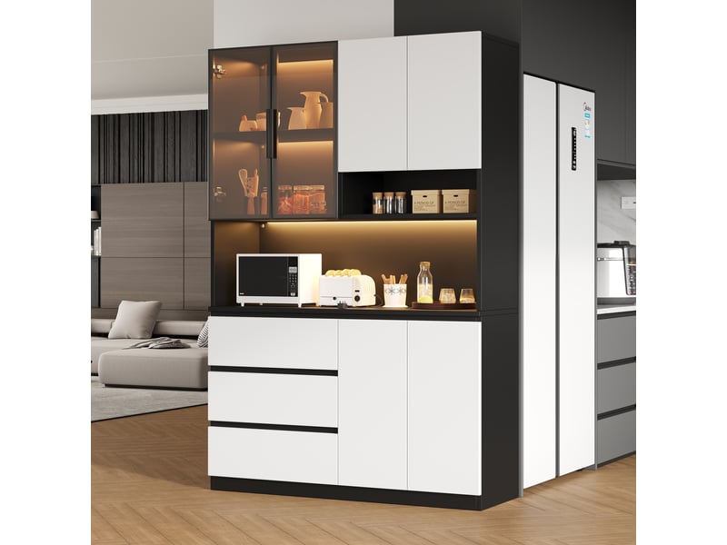  Buffet de cuisine grand vaisselier 120.5x40x180 cm – avec éclairage led multicolore, niche micro-ondes et vitrine - mdf - blanc et noir  - Conforama E