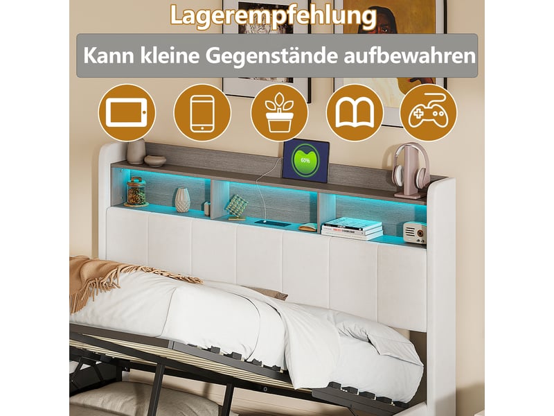 Lit hydraulique 140x190 avec éclairage led, lit coffre avec rangement et tête de lit capitonnée cadre de lit double avec led et chargeur usb lit 2 places avec lattes beige velours, sans matelas - Conforama R