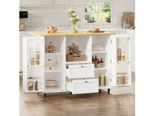 Îlot de cuisine sur roulettes avec plateau rabattable, 2 tiroirs et rangement, blanc et bois clair