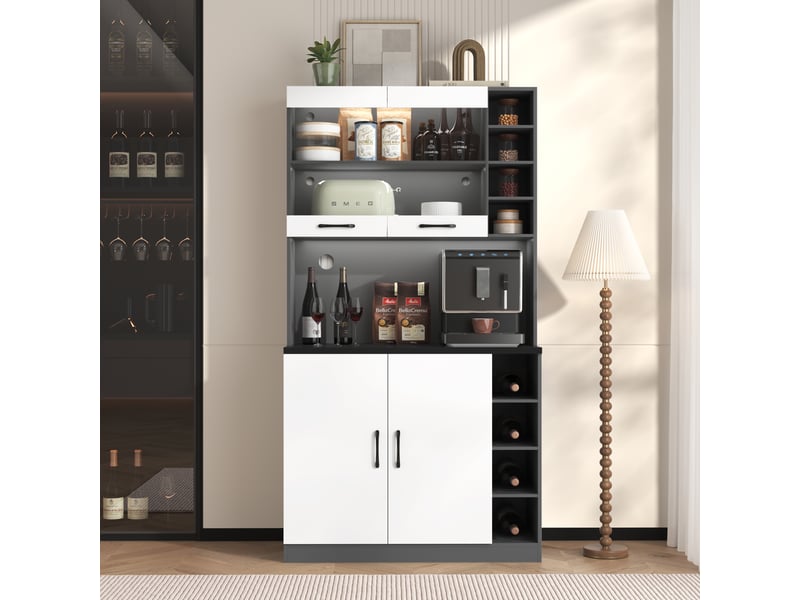  Buffet de cuisine blanc 187 cm avec led, rangements ajustables et passe-câbles, meuble haut  - Conforama B