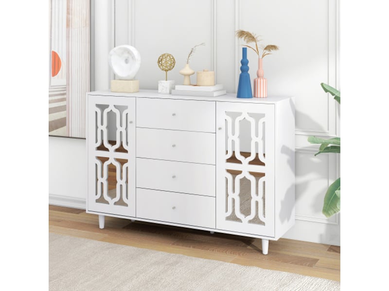  Nouveau buffet miroir blanc en matériau écologique avec poignée en cristal froid pour salon et salle à manger 147,5 x 40 x 102cm  - Conforama D