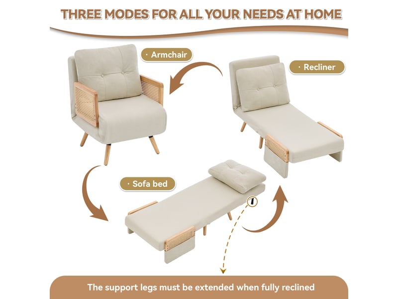  Fauteuil convertible 3 en 1 lit d'appoint beige relax inclinable tissu lin accoudoirs rotin  - Conforama C