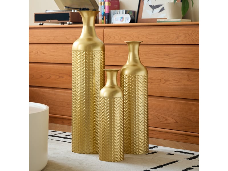  Vases de sol 3 pièces 50,0165,9983,01 cm motif structuré métal doré  - Conforama B