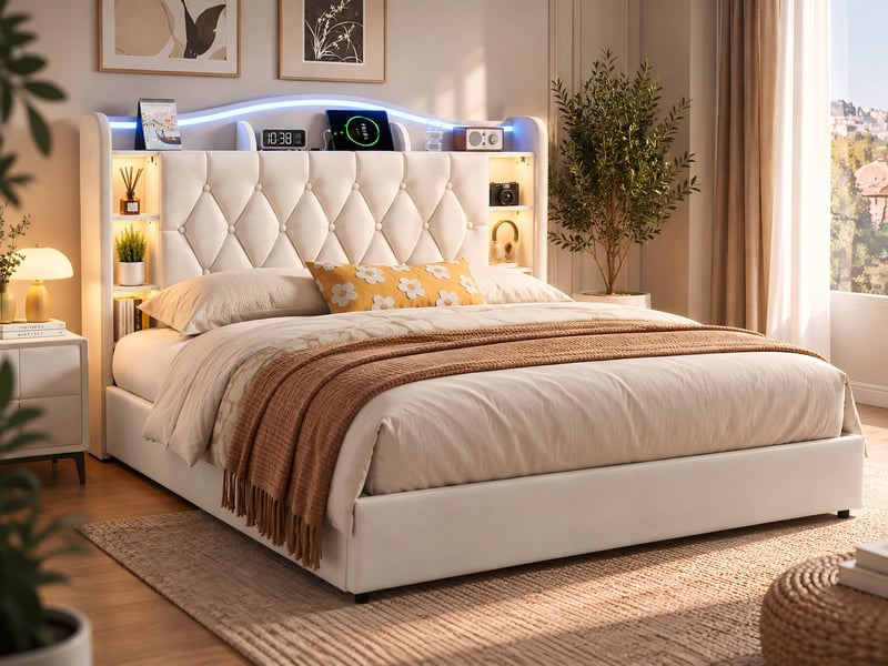 Kefsr lit coffre 140x190 cm en velours beige - lit adulte 2 places avec sommier relevable, éclairage led rgb, tête de lit avec rangement et prise usb charge sans fil - Conforama B