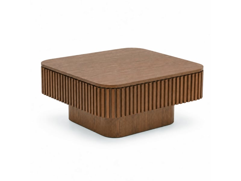Table basse carrée 75 cm en mdf plaqué bois foncé, rangement caché et relief cannelé pour un salon ordonné - Conforama A