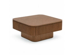 Table basse carrée 75 cm en mdf plaqué bois foncé, rangement caché et relief cannelé pour un salon ordonné
