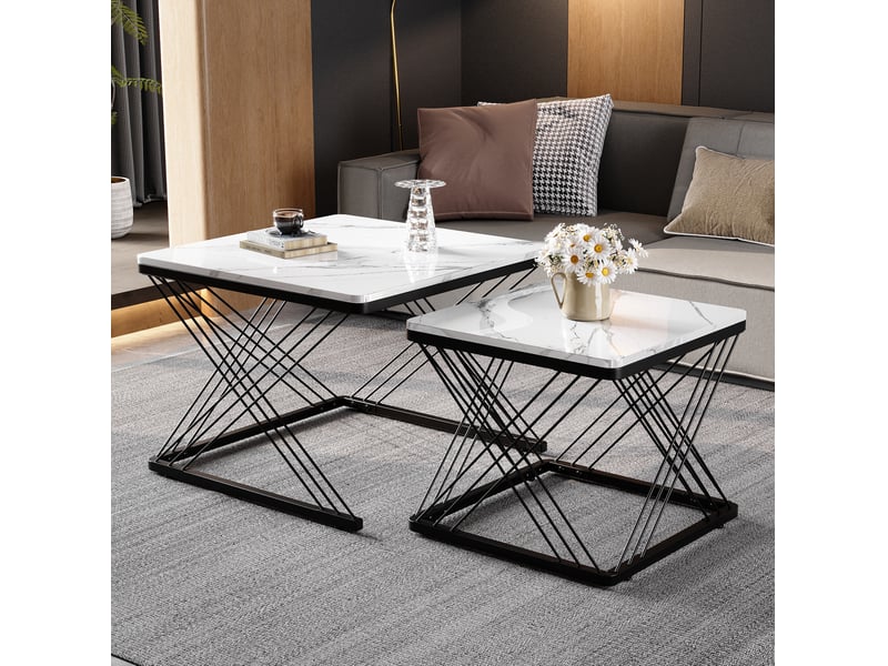  Tables basses gigognes carrées avec pieds réglables et finition marbre brillant, en mdf, blanc et noir pour salon  - Conforama C