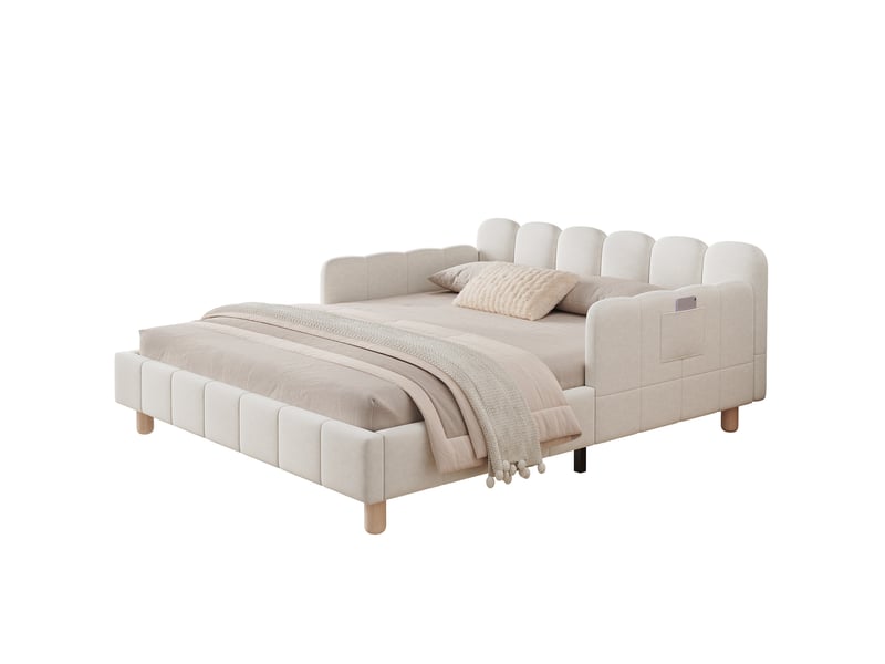 Lit capitonné, lit enfant 140 x 190 cm, avec tête de lit capitonnée et barrière de sécurité, pieds en bois massif, velours, beige. - Conforama A