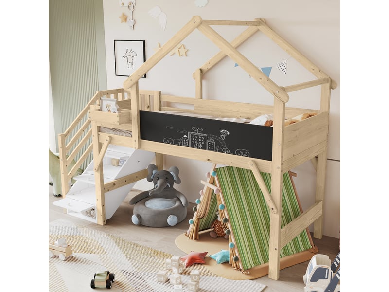  Lit mezzanine 90 × 200 cm blanc et naturel, cabane avec escalier et tableau IKSETERA TRADING LTD - Conforama D