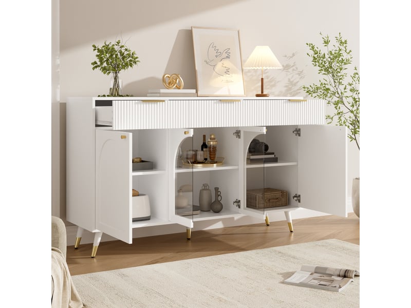  Buffet 140 x 40 x 85,5 cm, 4 portes transparentes en acrylique, 3 tiroirs et grand rangement pour salon, poignées métal, pieds bois, blanc ABC - Conforama B