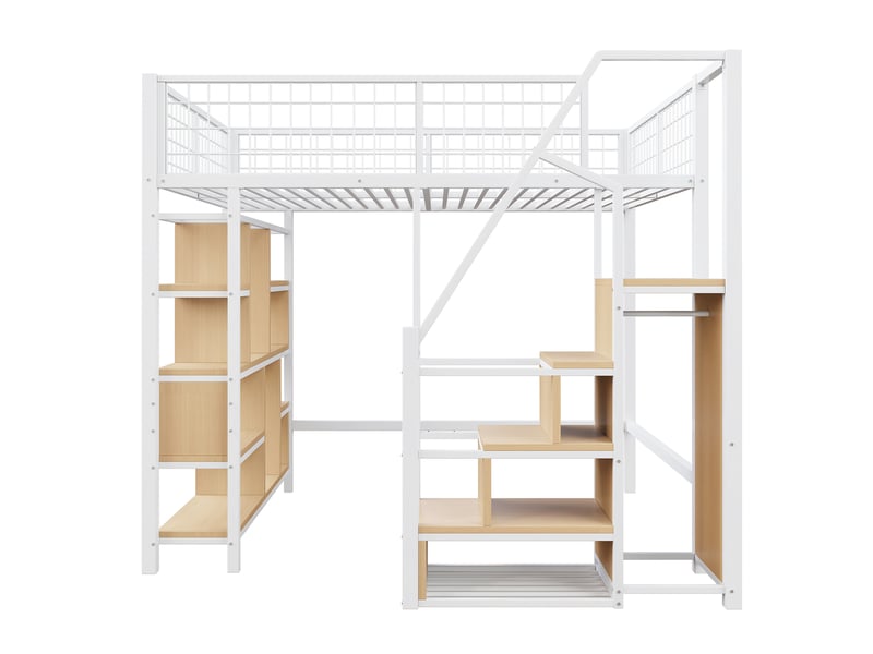  Lit mezzanine enfant 140x200 cm, avec escalier de rangement, espace sous lit multifonction, métal, blanc, sans matelas  - Conforama E