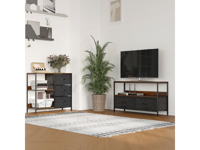  Meuble tv bas sur pieds style industriel 2 tiroirs en tissu gris mdf marron rustique et noir métal  - Conforama A