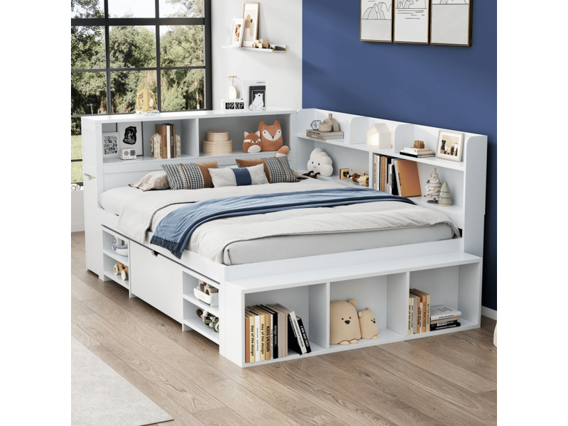 Lit enfant 140 x 200 cm, cadre de lit avec rangement, 1 tiroir, placard intégré, étagères ouvertes, sommier à lattes inclus, contreplaqué, blanc Morn Vibe - Conforama D