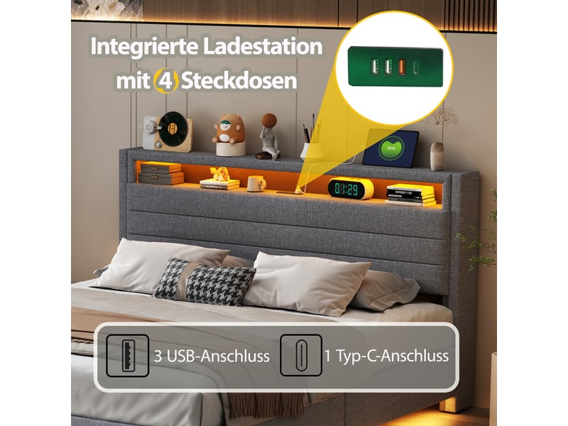  Lit flottant 160x200 cm en tissu gris, coffre hydraulique, led, usb et tête de lit rabattable  - Conforama D