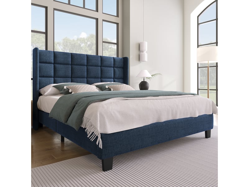  Lit rembourré 140x200cm en lin avec tête capitonnée, sommier à lattes et structure stable, bleu, sans matelas  - Conforama D