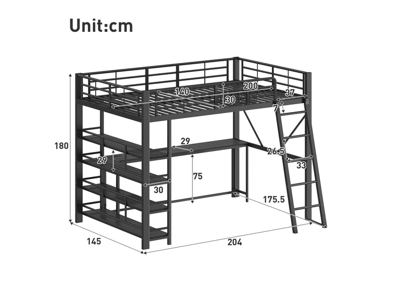 Lit mezzanine 140 × 200 cm en métal avec bureau, étagères, panier, led et station usb pour chambre à coucher - Conforama C