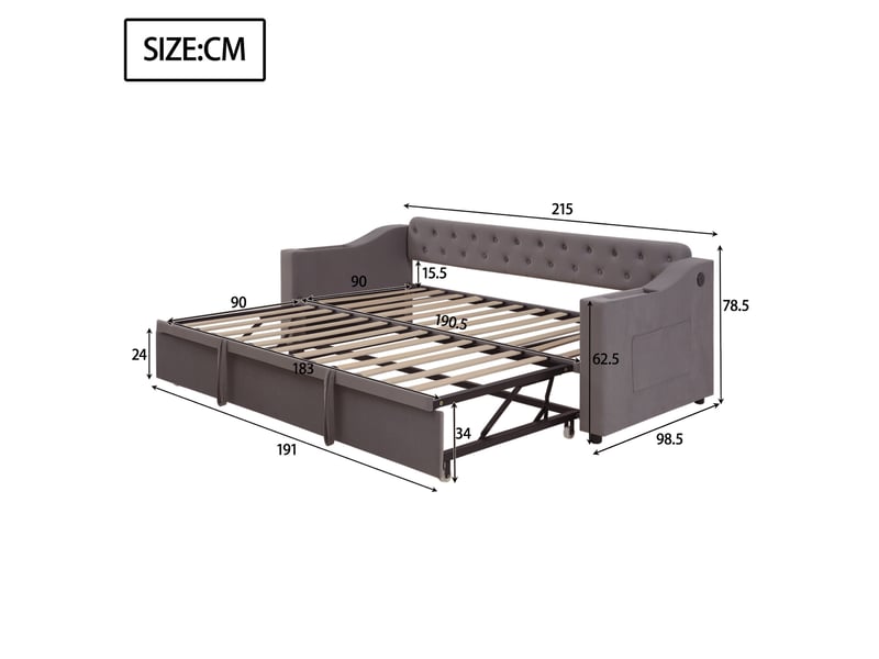  Lit simple 90x190 cm avec rangement et ports usb en velours gris  - Conforama E