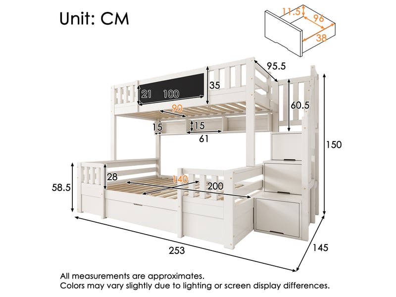  Lit superposé enfant 90x200 et 140x200 cm – blanc – escalier-rangement, tableau et tiroirs intégrés - sans matelas  - Conforama C