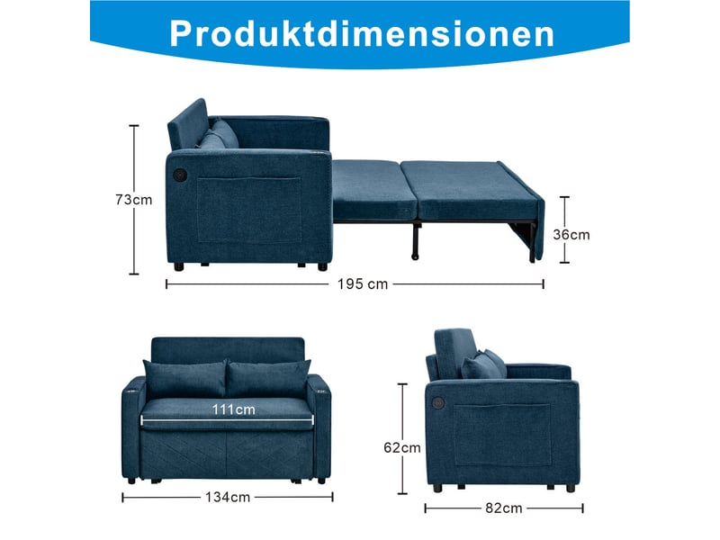  Canapé convertible 2 places bleu marine en tissu et bois, design minimaliste élégant avec chargeur usb intégré  - Conforama C