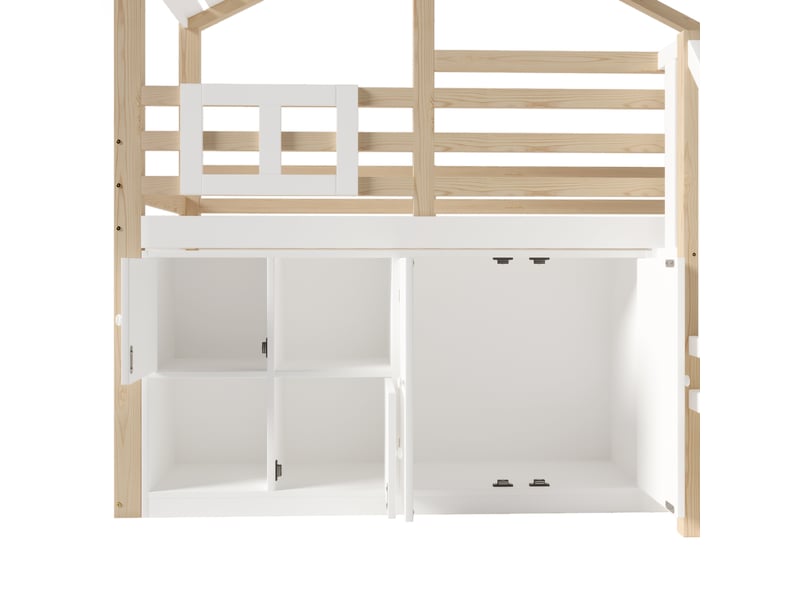 Lit mezzanine enfant 90 x 200 cm avec rangement, cabane avec fenêtre, escalier de rangement, blanc et bois naturel - Conforama W