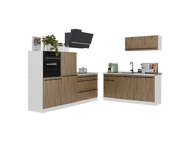  Vicco cuisine, chêne artisanblanc, 220cm plan de travail chêne doré  - Conforama E