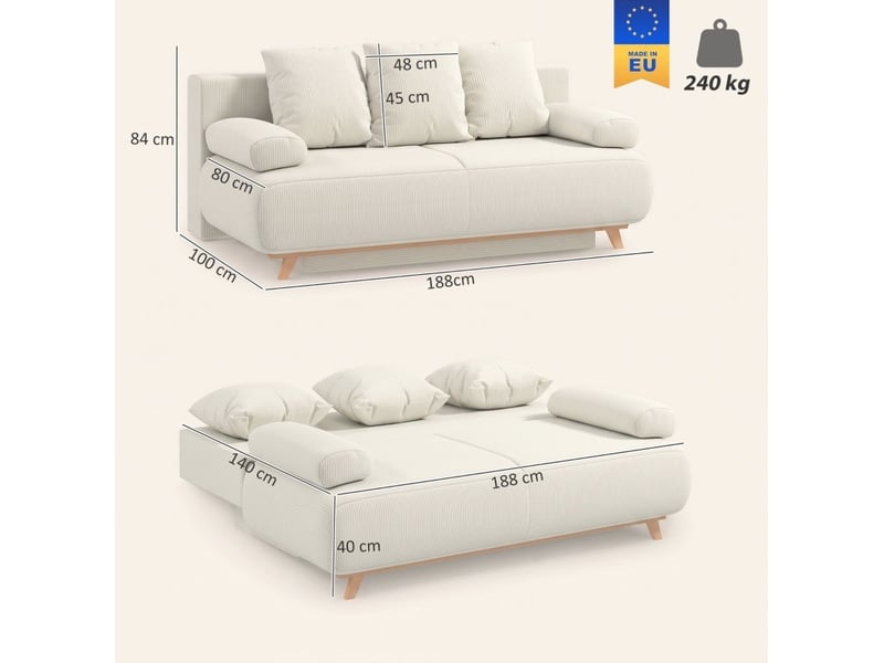  Canapé-lit 3 places 188x100 cm – beige – dossier réglable, rangement caché et couchage d'appoint  - Conforama C