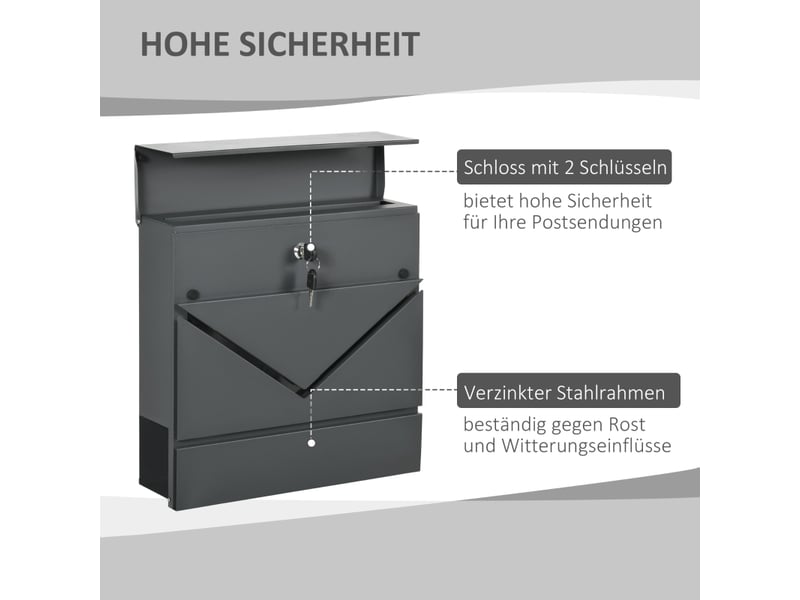 Boîte aux lettres en acier - homcom - gris foncé - serrure protégée - couvercle avec 2 trous de drainage 37x10.5x37cm - Conforama C