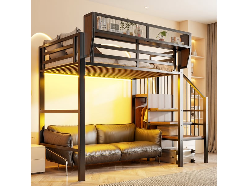  Lit mezzanine modenvie 90 x 200 cm avec bande led escalier de sécurité rangement modulable métal et mdf noir  - Conforama E