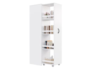 Bibliothèque étroite 40x30x160,5 cm – blanche – sur roulettes avec rangement polyvalent et protections