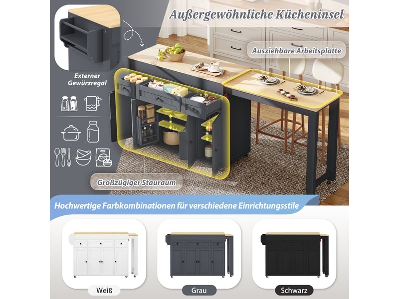  Îlot de cuisine sur roulettes extensible avec étagère à épices, desserte mobile grise en mdf pour cuisine et salle à manger  - Conforama R