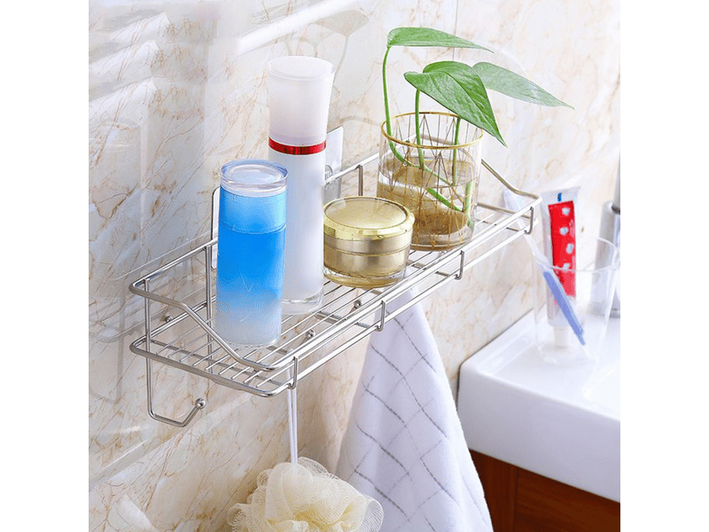  Étagère de rangement de salle de bain en acier inoxydable de grande capacité, étagère murale peu encombrante avec crochets rectangulaires  - Conforama B