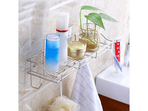 Étagère de rangement de salle de bain en acier inoxydable de grande capacité, étagère murale peu encombrante avec crochets rectangulaires