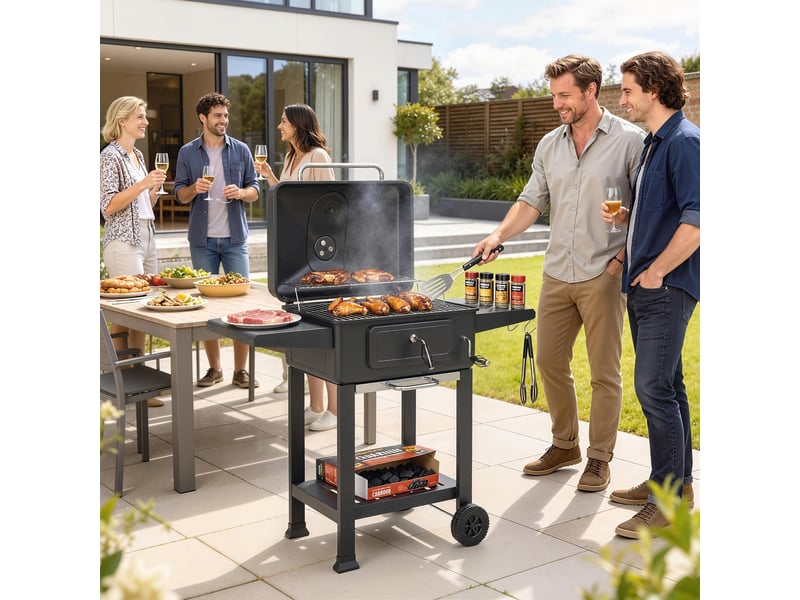  Chariot barbecue au charbon xxl avec couvercle, bac à charbon et aérations réglables, 112 cm, noir  - Conforama C