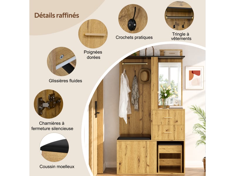  Meuble d'entrée 100x40x172,5 cm avec miroir led, penderie, banc coffre, meuble chaussures et rangement mdf  - Conforama D