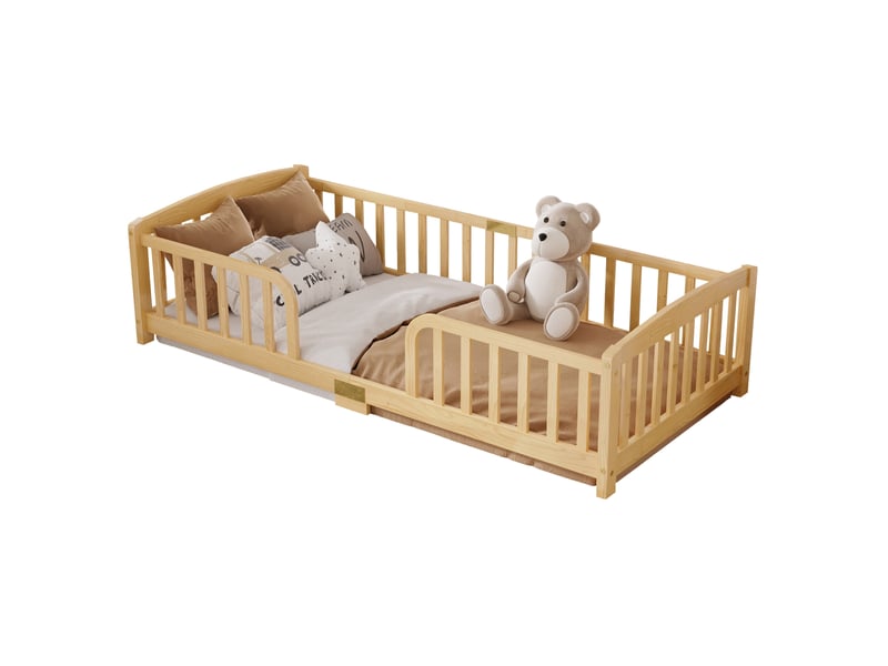 Lit enfant au sol 90x200 cm, coloris naturel, en bois, avec garde-corps de sécurité et accès central, sans matelas - Conforama A