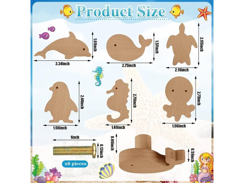 Pack de 6 poignées en bois avec animaux marins, poignées décoratives bleues pour commodes et tiroirs - Conforama E