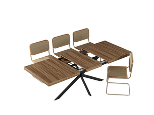 Table à manger extensible 140-180 x 80 cm avec rangement dissimulé, plateau mdf effet noyer, pieds métal noir en x, 4 à 6 places