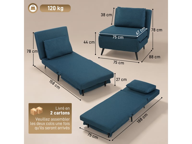  Fauteuil convertible 1 place en tissu aspect lin bleu 75x88x78 cm  - Conforama C