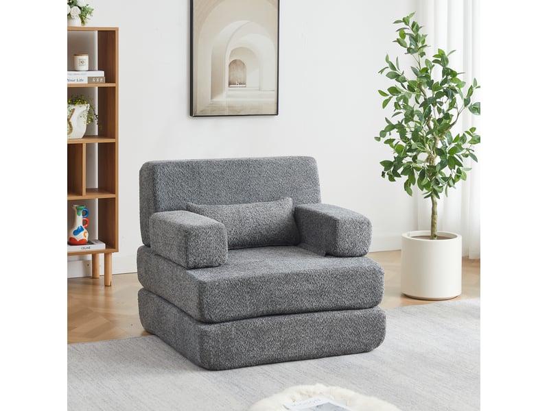  Fauteuil convertible 2-en-1 1 place en tissu chenille gris  - Conforama R