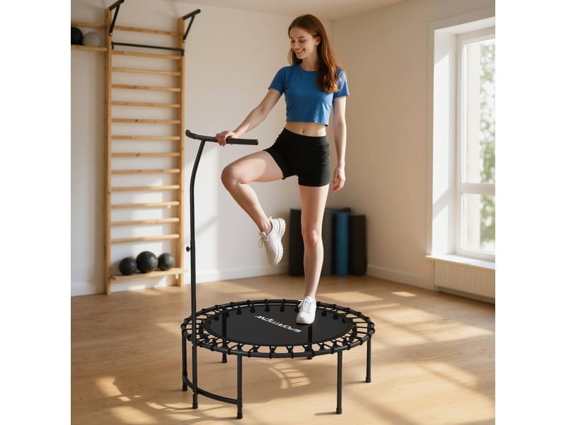Trampoline de fitness avec cordes élastiques, poignée réglable 5 positions, capacité 100 kg, acier, ø102x132cm, noir - Conforama B