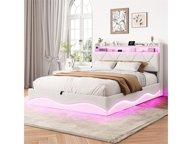  Lit 160x200cm - lit coffre 160x200cm - lit hydraulique avec tête de lit à rangement, led rgb, ports usb et type-c - beige  - Conforama C