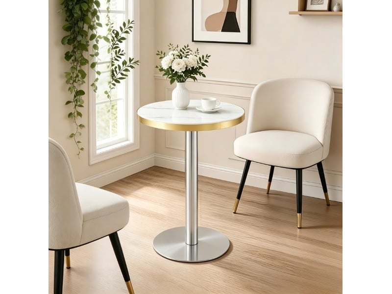  Guéridon rond effet marbre blanc – plateau mdf 60 cm, pied central métal, h 73,7 cm  - Conforama C