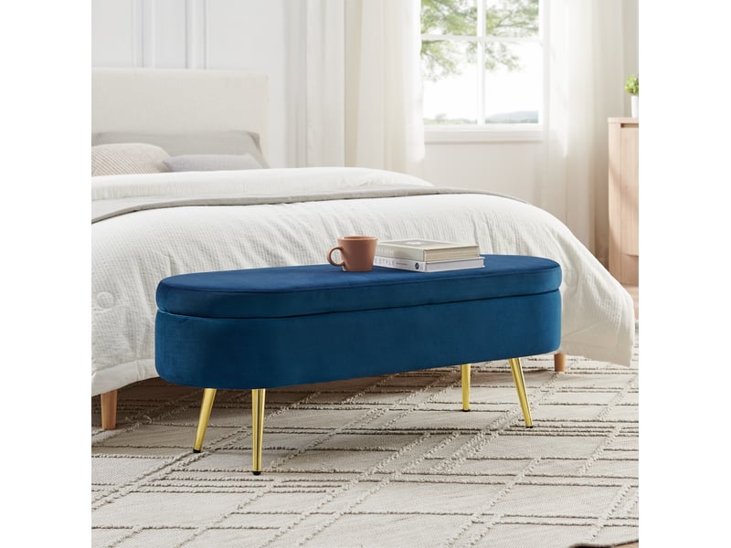  Banc de rangement 110x40x42 cm, coffre 20 l, pieds en bois, pour la chambre et le salon, assise en velours, bleu foncé  - Conforama E