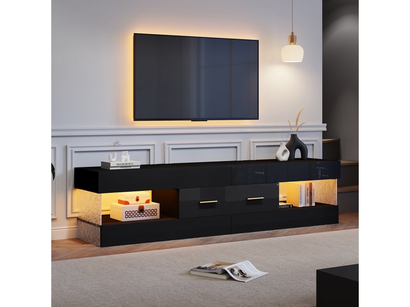  Meuble tv led 152x35x40 cm - meuble bas avec rangement ouvert et tiroirs, plateau en verre acrylique, design moderne - noir  - Conforama B